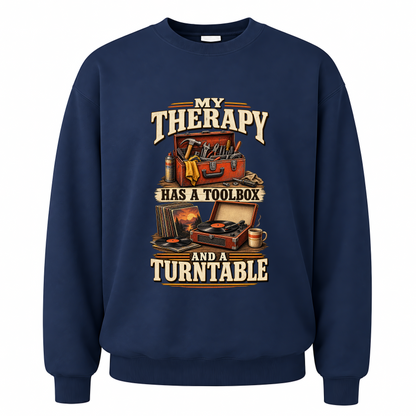 Navy vintage sweatshirt with 33 toolbox and turntable ideogram 4x printed front design