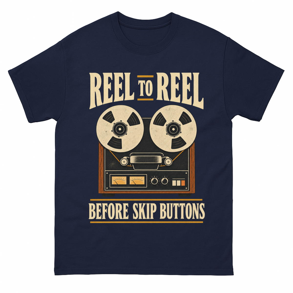 Navy vintage t-shirt with Reel To Reel Before Skip Buttons printed front design