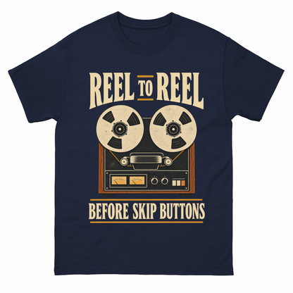 Navy vintage t-shirt with Reel To Reel Before Skip Buttons printed front design
