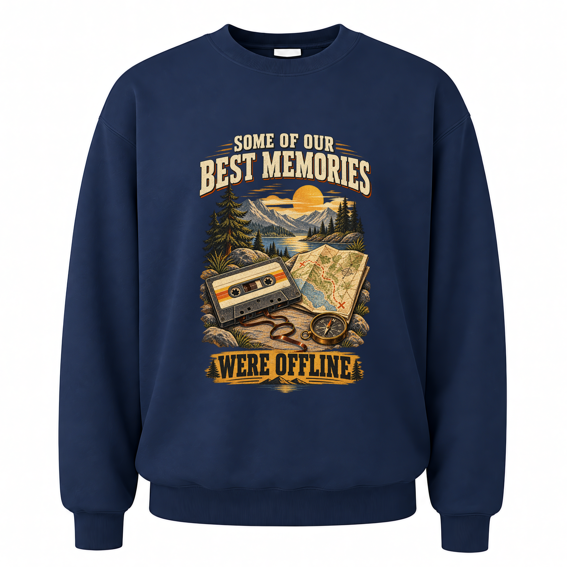 Navy vintage sweatshirt with Some Of Our Best Memories Were Offline printed front design