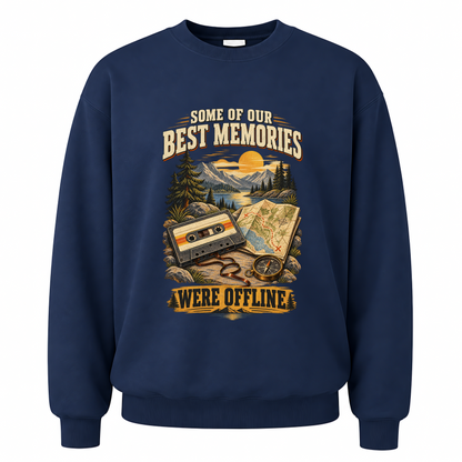 Navy vintage sweatshirt with Some Of Our Best Memories Were Offline printed front design