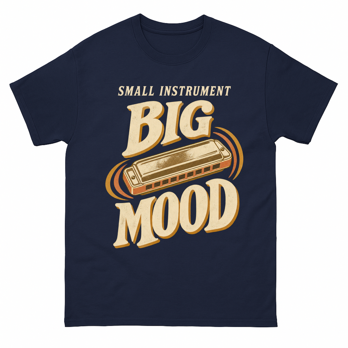 Navy vintage t-shirt with Small Instrument. Big Mood printed front design