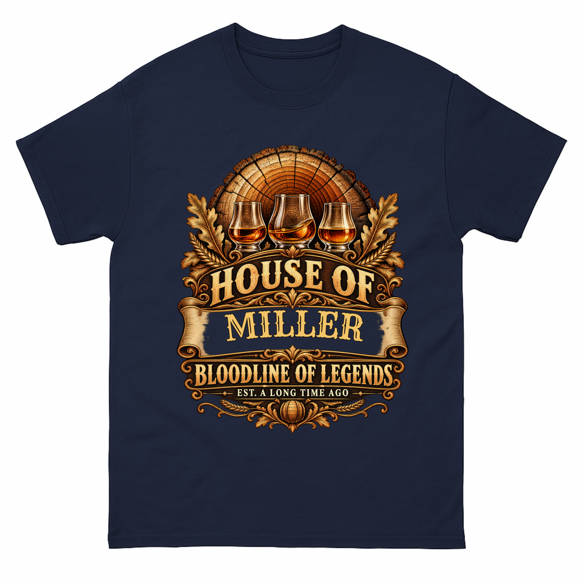 Navy vintage t-shirt with House Of Your Family Name Bloodline Of Legends Oak Barrel printed front design