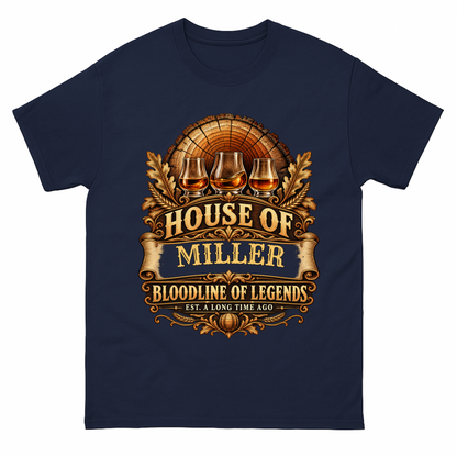 Navy vintage t-shirt with House Of Your Family Name Bloodline Of Legends Oak Barrel printed front design