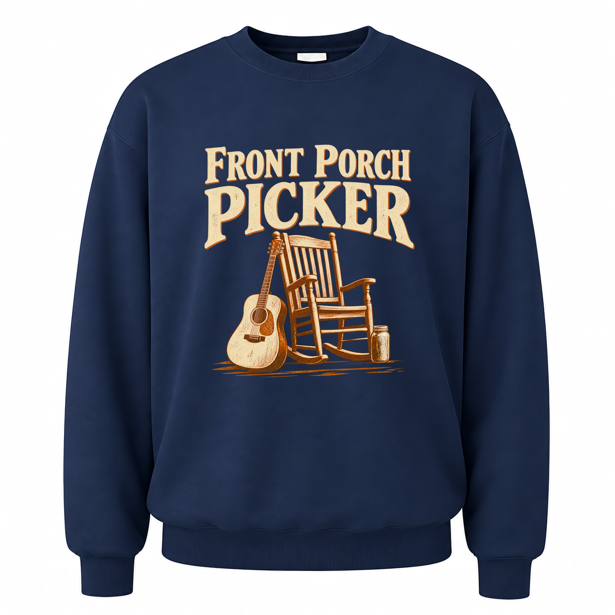 Navy vintage sweatshirt with Front Porch Picker printed front design