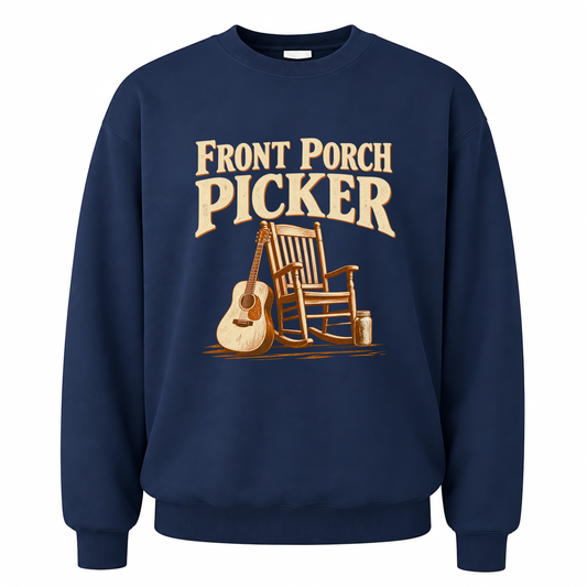 Navy vintage sweatshirt with Front Porch Picker printed front design