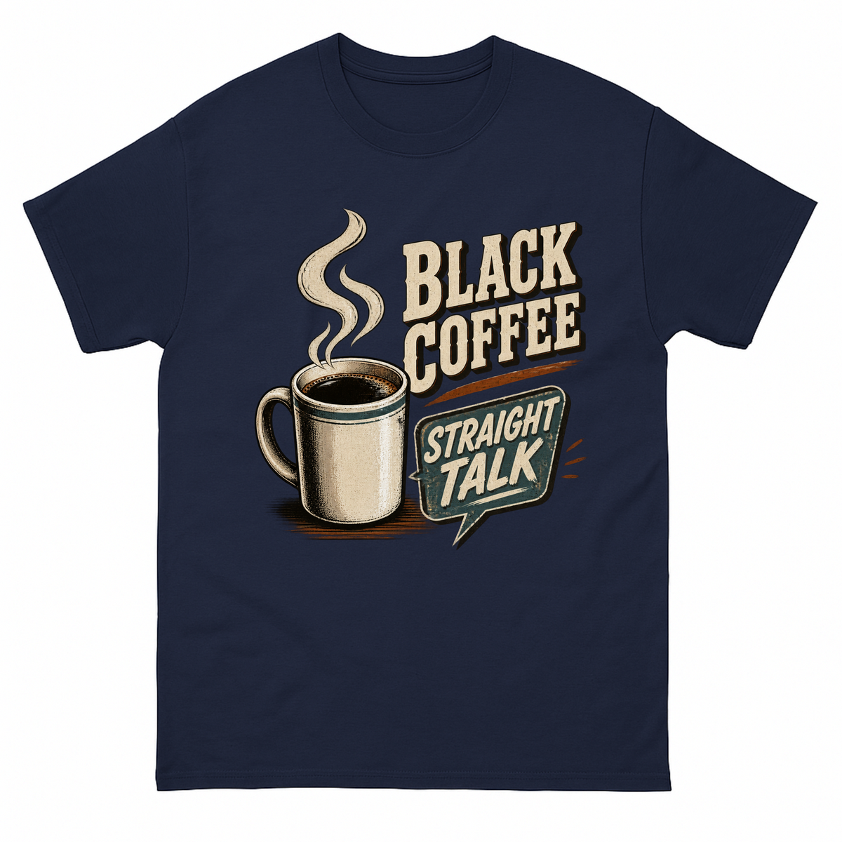 Navy vintage t-shirt with Black Coffee. Straight Talk printed front design