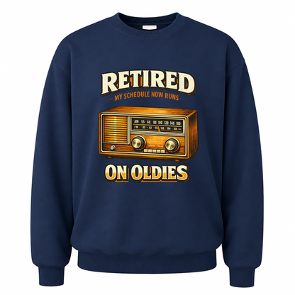 Navy vintage sweatshirt with 39 schedule runs on oldies ideogram 4x printed front design