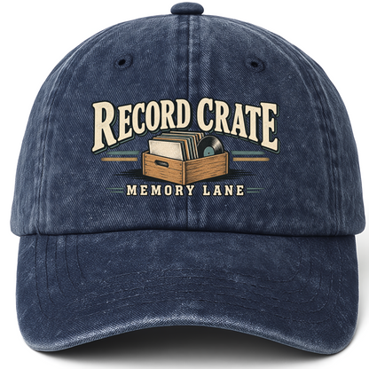 Navy vintage washed cap with Record Crate Memory Lane printed front design