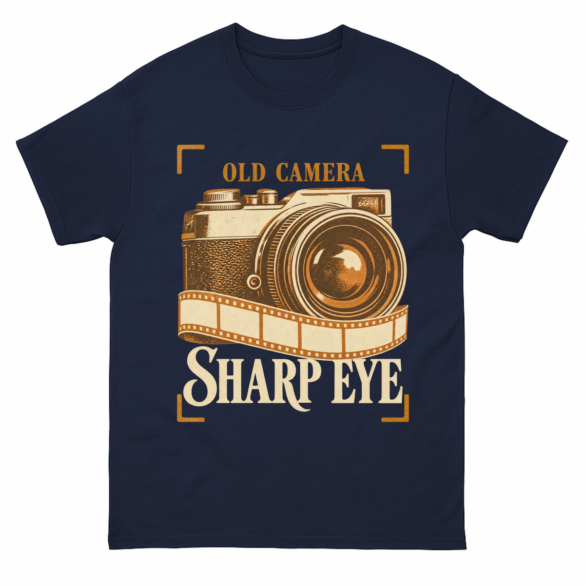 Navy vintage t-shirt with Old Camera. Sharp Eye printed front design