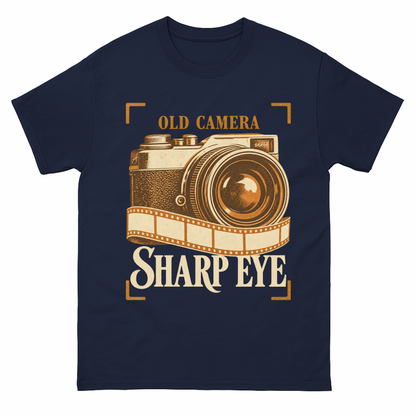 Navy vintage t-shirt with Old Camera. Sharp Eye printed front design