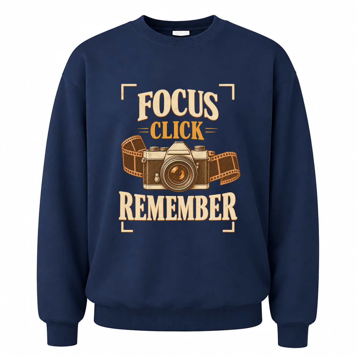 Navy vintage sweatshirt with Focus Click Remember printed front design