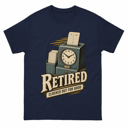 Navy vintage t-shirt with Clocked Out For Good printed front design