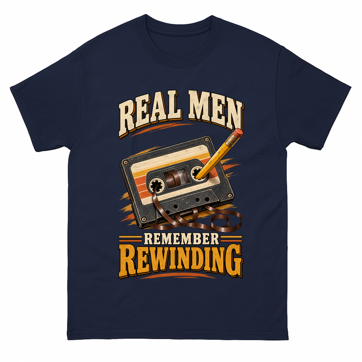 Navy vintage t-shirt with 45 real men remember rewinding ideogram 4x printed front design