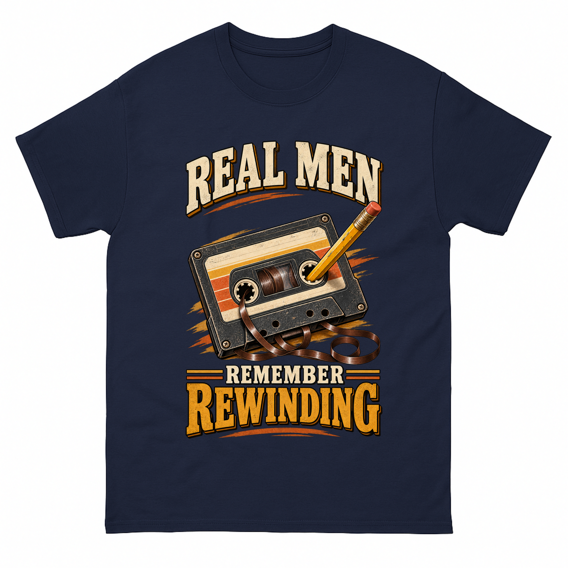 Navy vintage t-shirt with 45 real men remember rewinding ideogram 4x printed front design