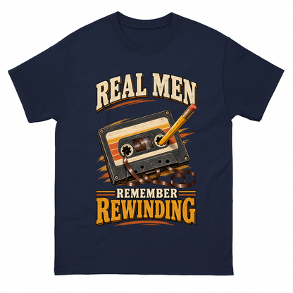 Navy vintage t-shirt with 45 real men remember rewinding ideogram 4x printed front design