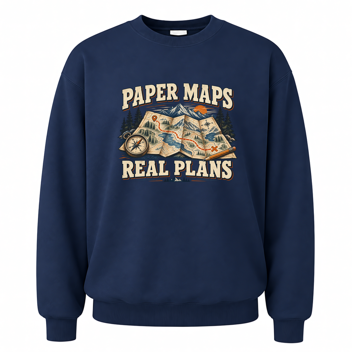 Navy vintage sweatshirt with Paper Maps. Real Plans printed front design
