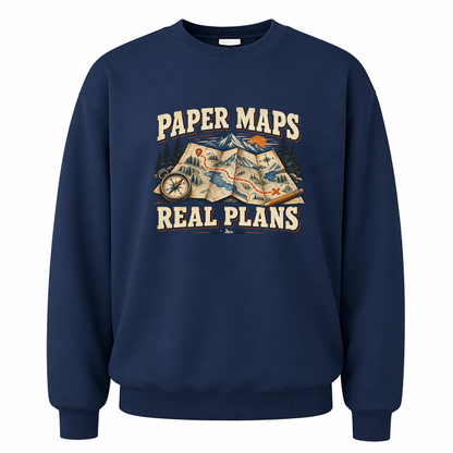 Navy vintage sweatshirt with Paper Maps. Real Plans printed front design