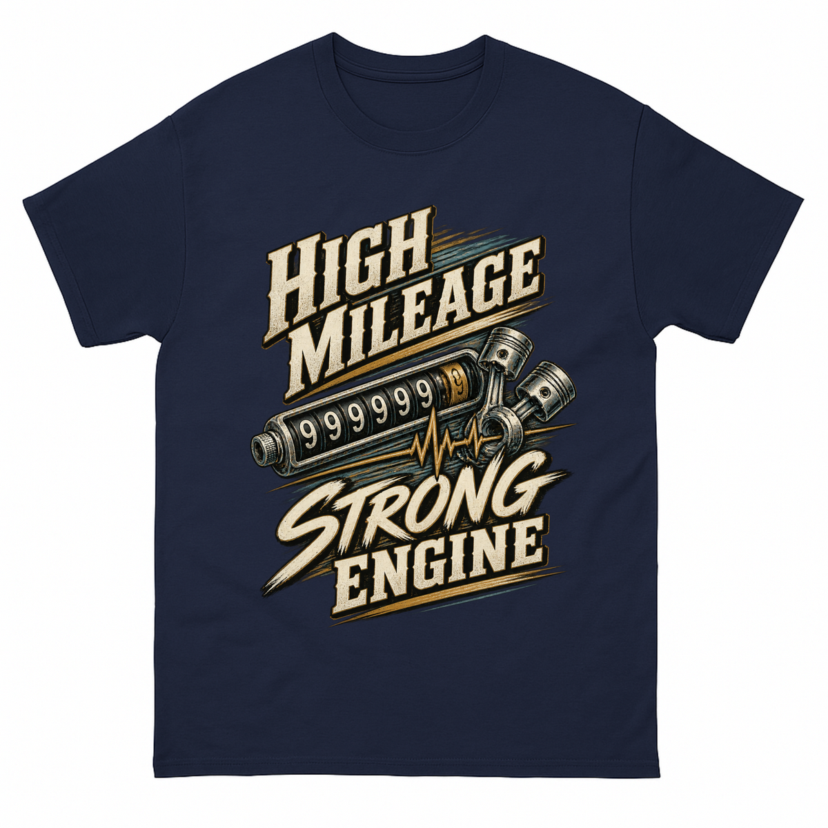 Navy vintage t-shirt with High Mileage Strong Engine printed front design