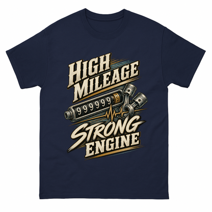 Navy vintage t-shirt with High Mileage Strong Engine printed front design