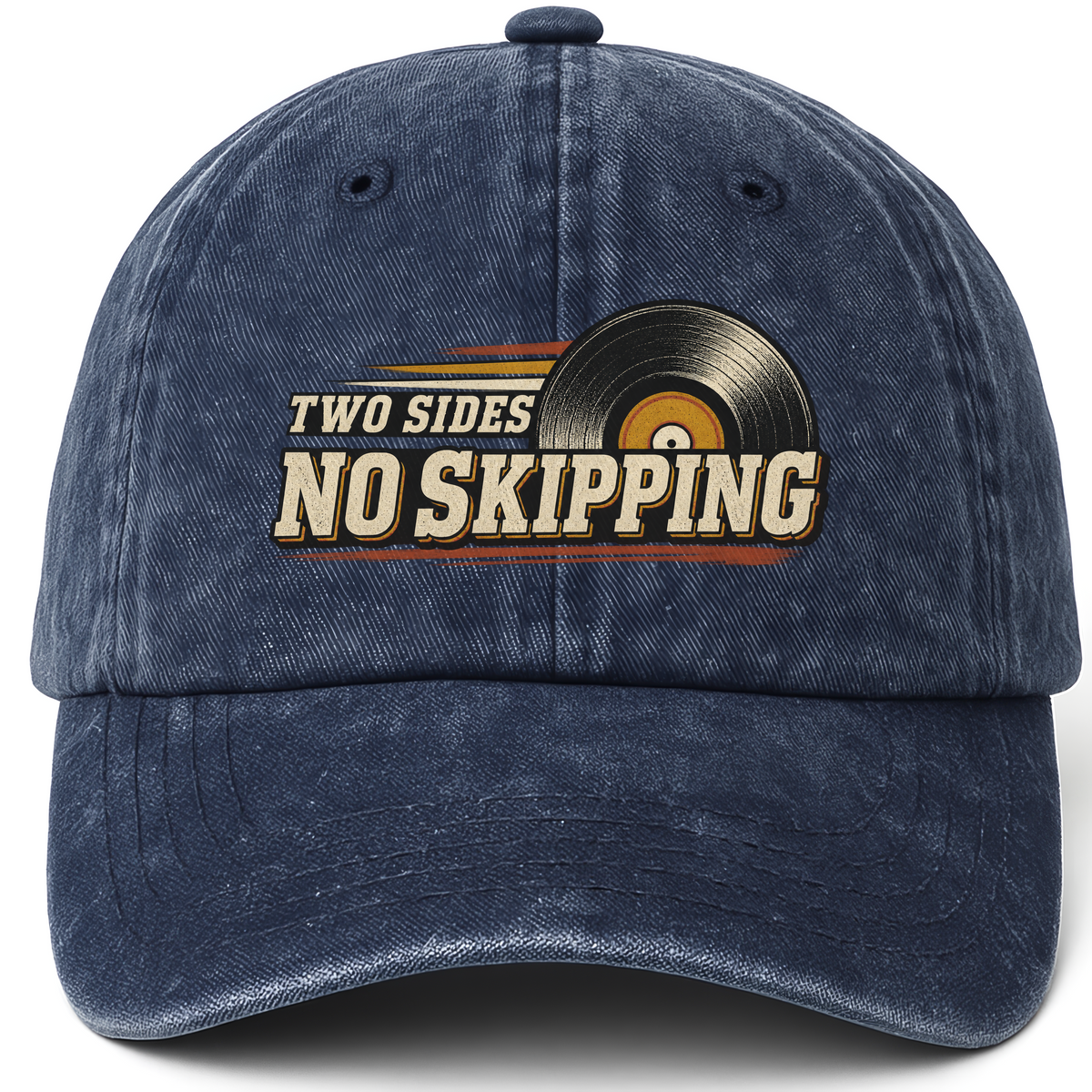Navy vintage washed cap with Two Sides. No Skipping printed front design