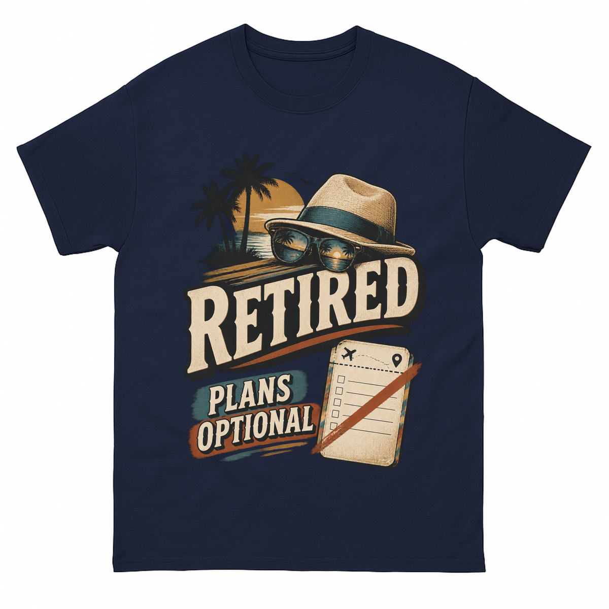 Navy vintage t-shirt with Retired Plans Optional printed front design