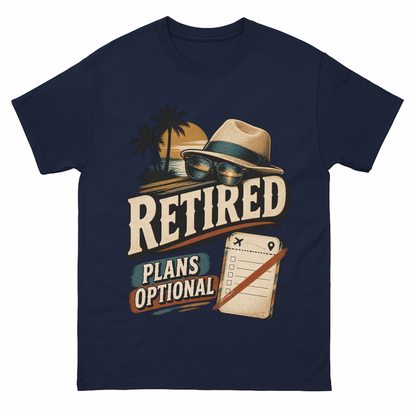 Navy vintage t-shirt with Retired Plans Optional printed front design