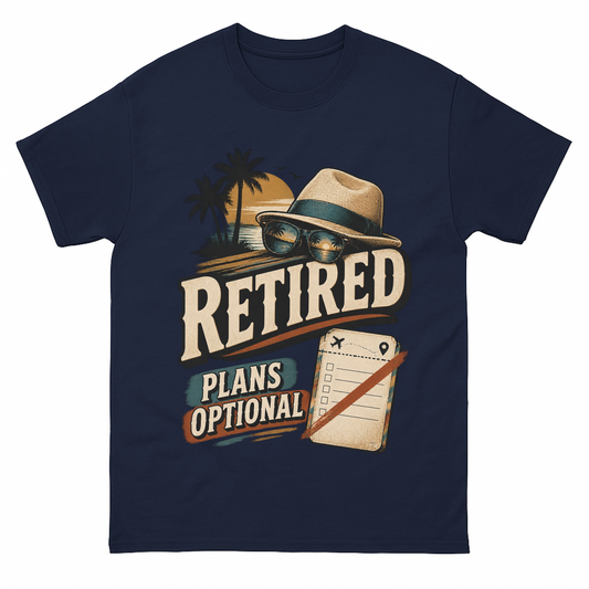 Navy vintage t-shirt with Retired Plans Optional printed front design