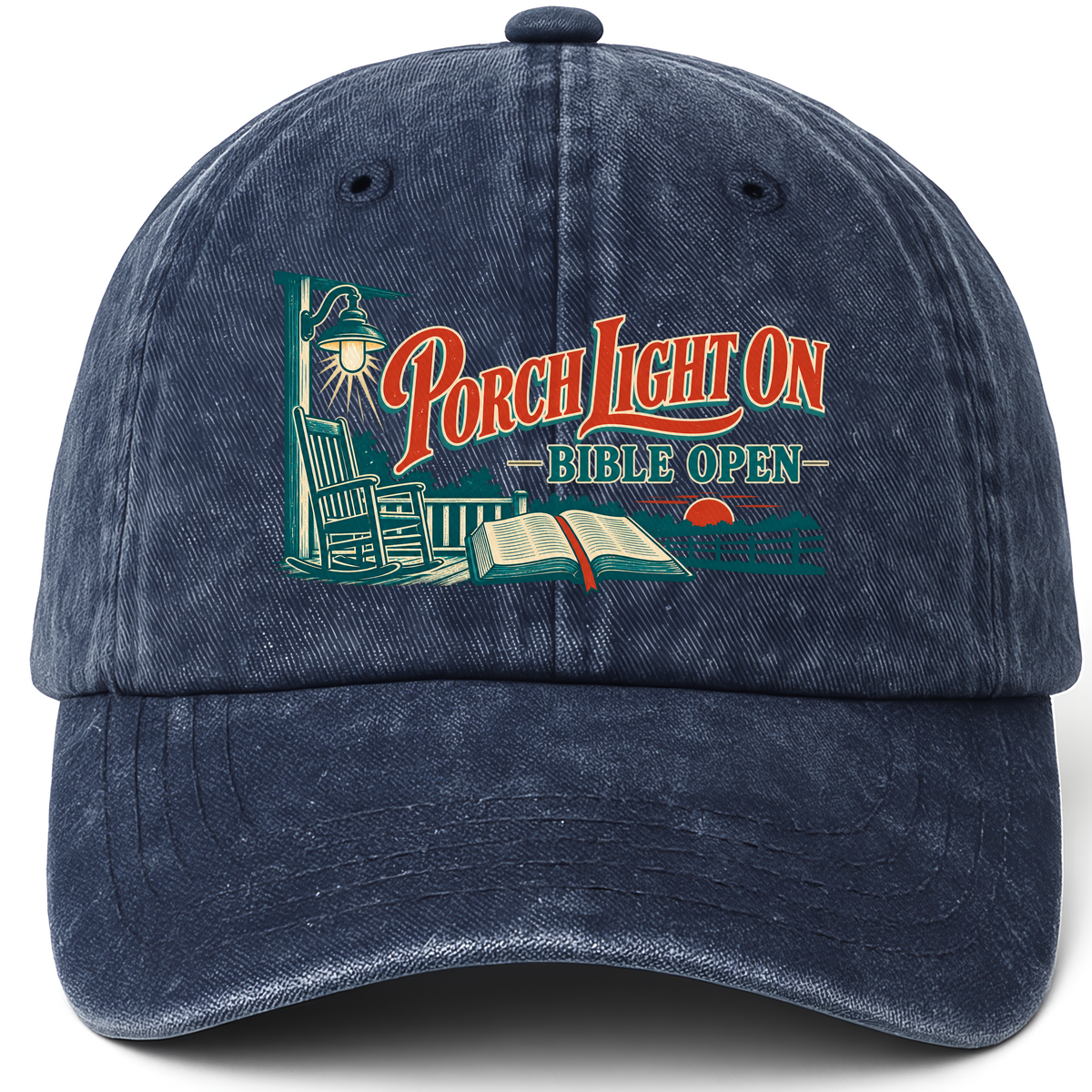 Navy vintage washed cap with Porch Light On Bible Open printed front design