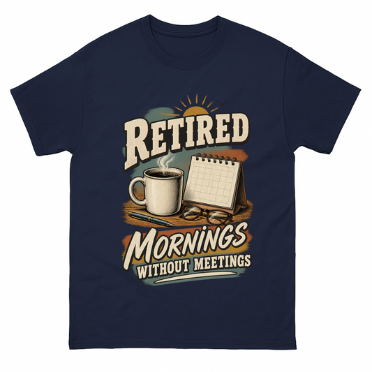 Navy vintage t-shirt with Mornings Without Meetings printed front design