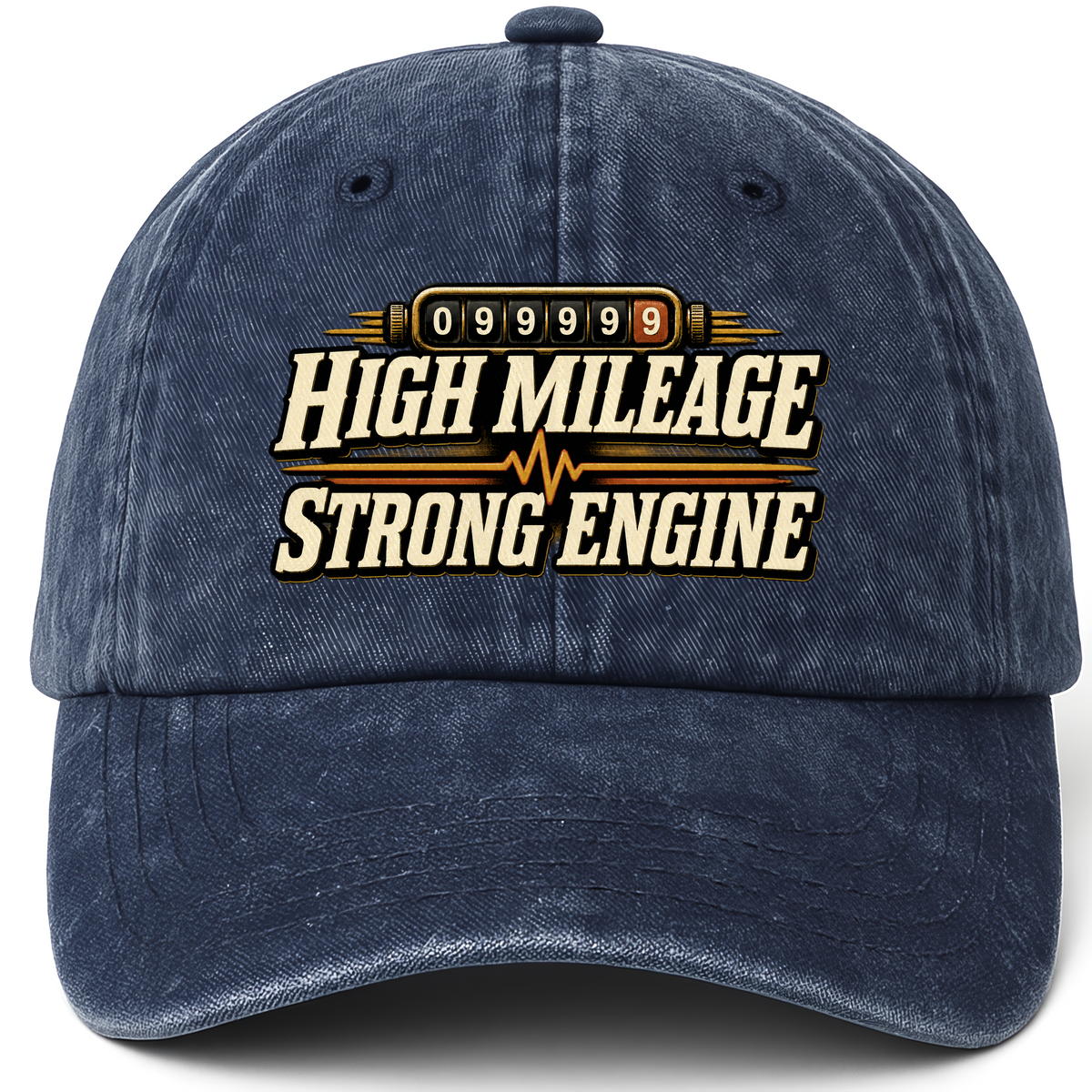 Navy vintage washed cap with High Mileage Strong Engine printed front design