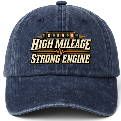 Navy vintage washed cap with High Mileage Strong Engine printed front design