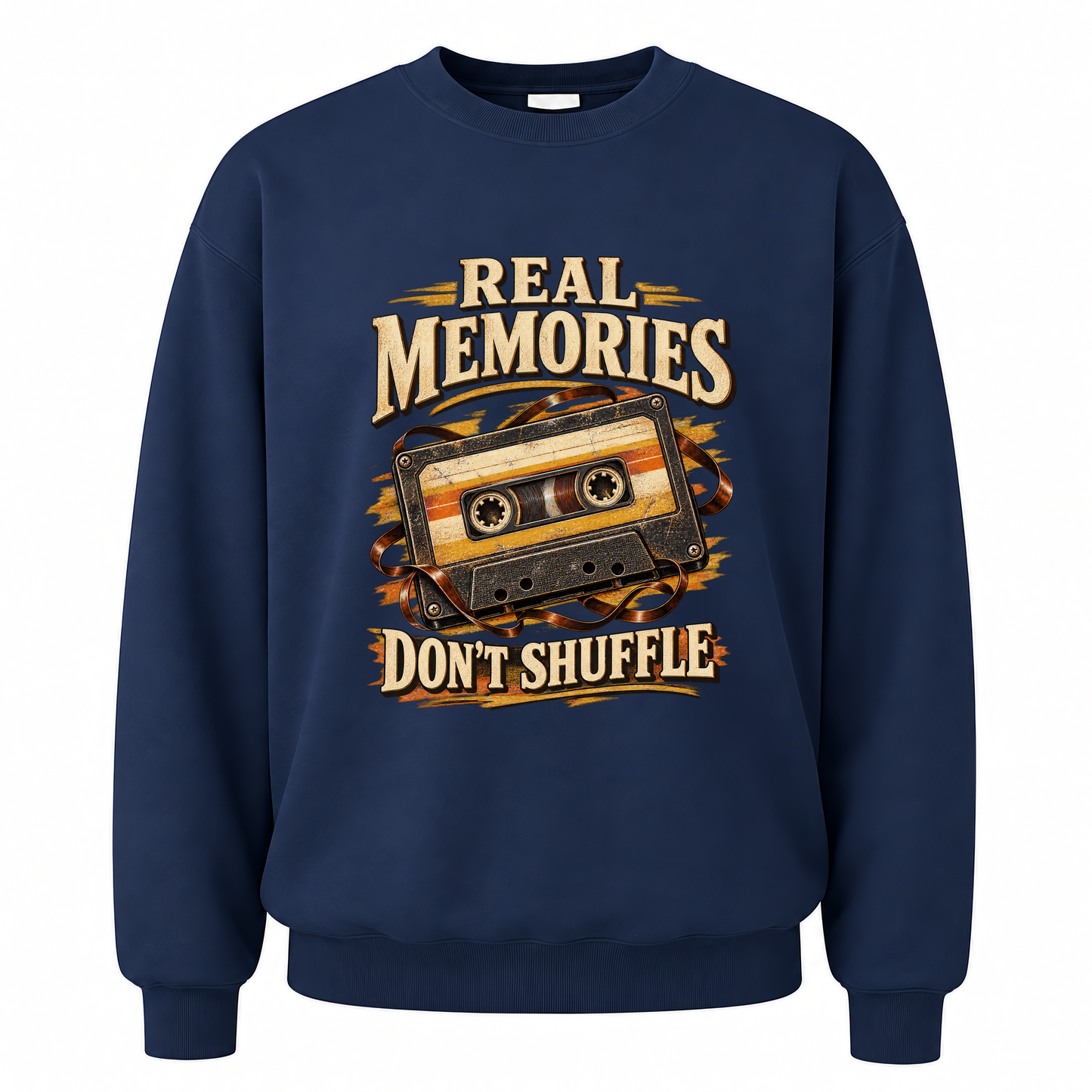 Navy vintage sweatshirt with Real Memories Don’t Shuffle printed front design