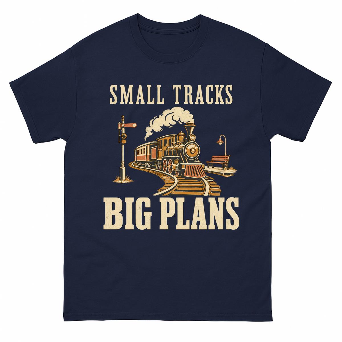 Navy vintage t-shirt with Small Tracks Big Plans printed front design