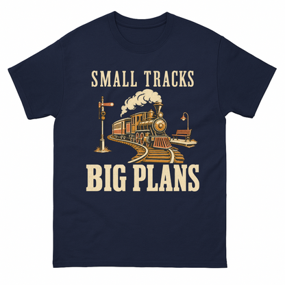Navy vintage t-shirt with Small Tracks Big Plans printed front design