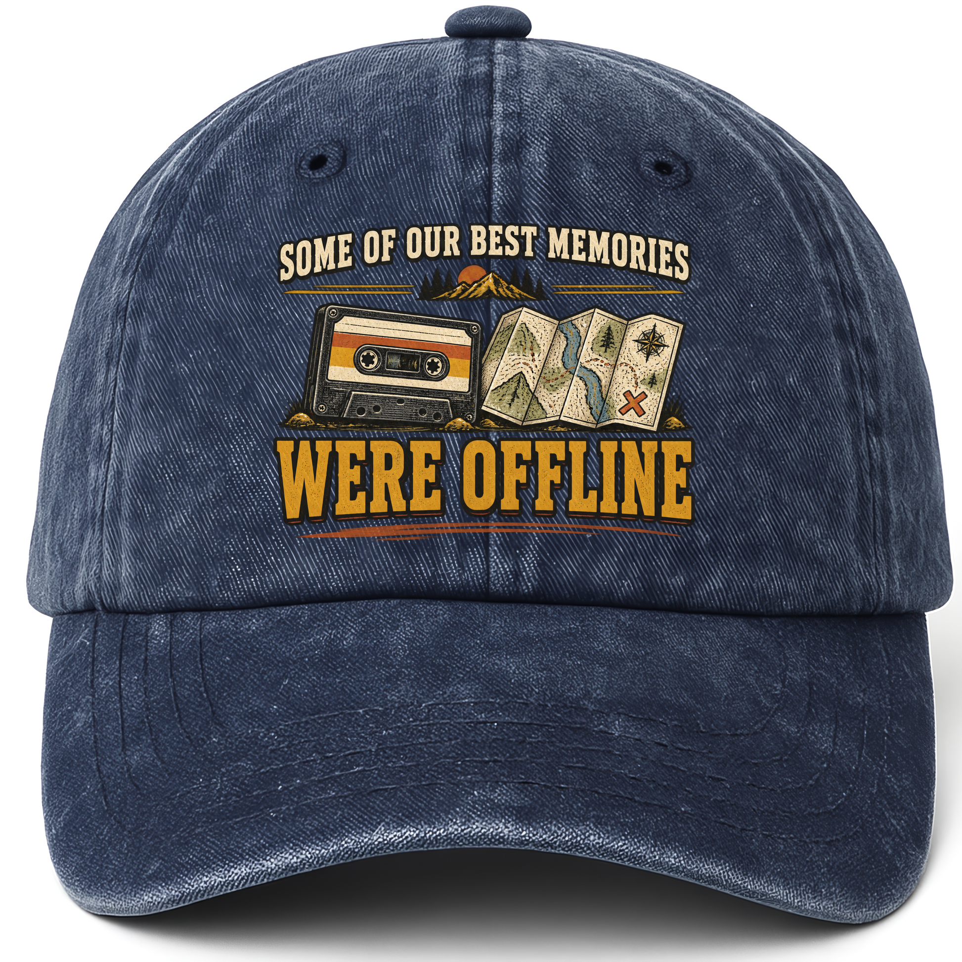 Navy vintage washed cap with Some Of Our Best Memories Were Offline printed front design