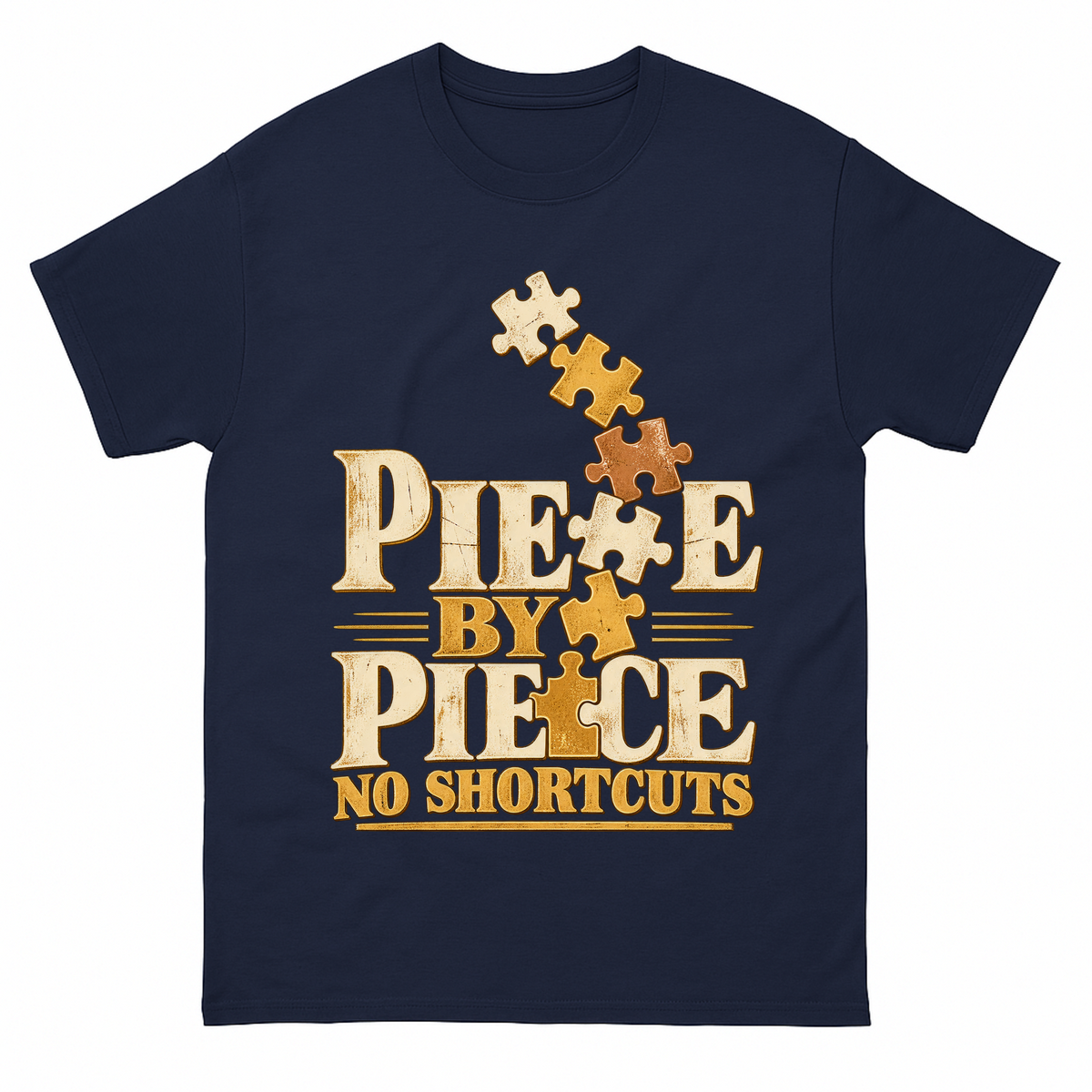 Navy vintage t-shirt with Piece By Piece. No Shortcuts printed front design