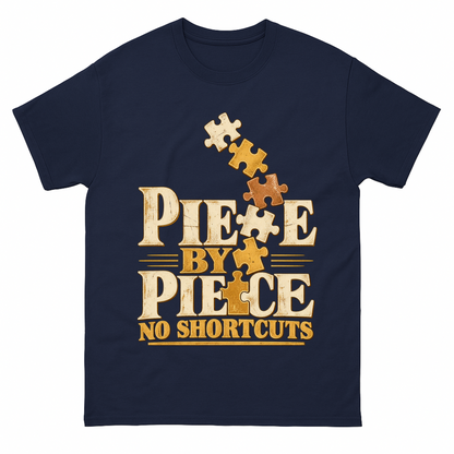 Navy vintage t-shirt with Piece By Piece. No Shortcuts printed front design