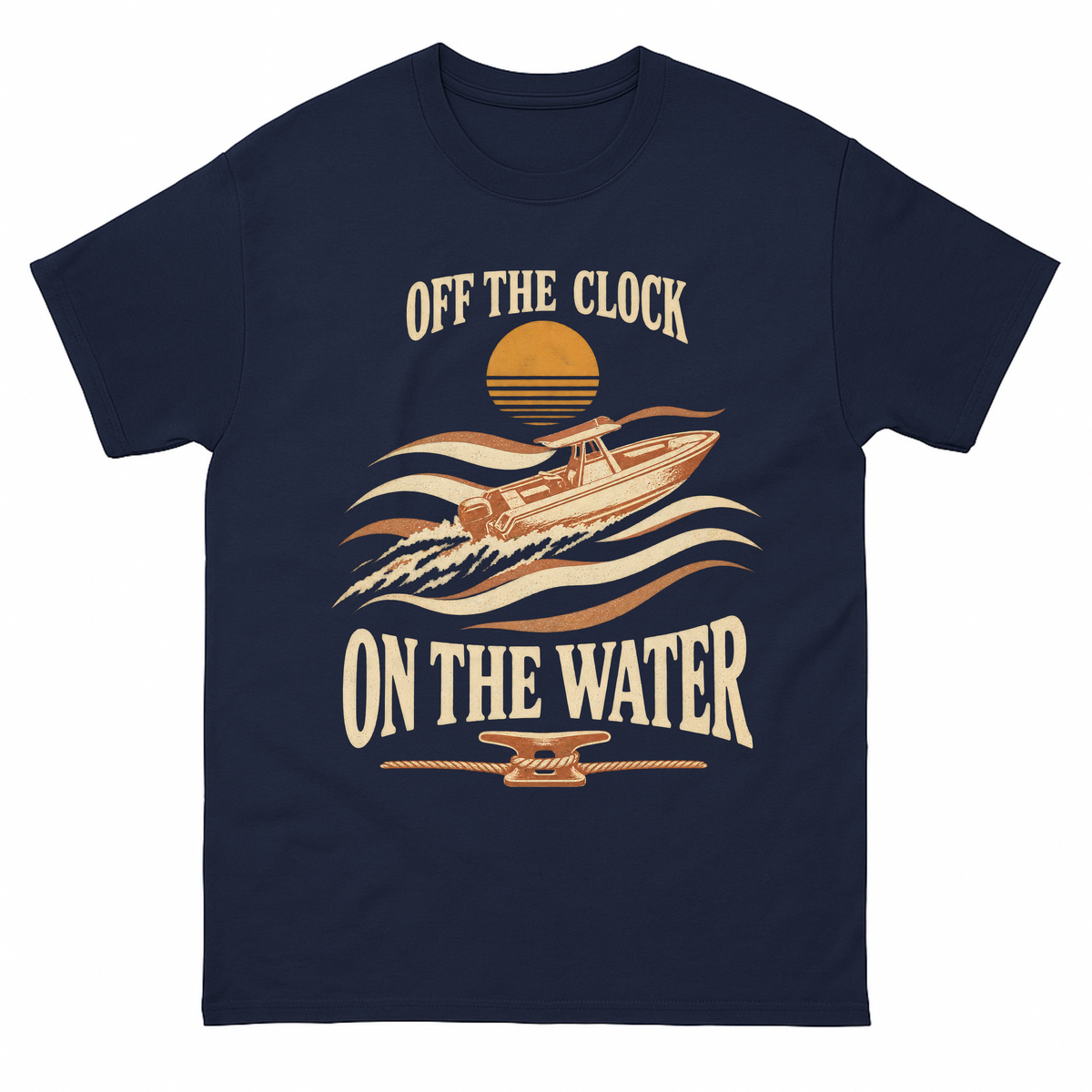 Navy vintage t-shirt with Off The Clock On The Water printed front design
