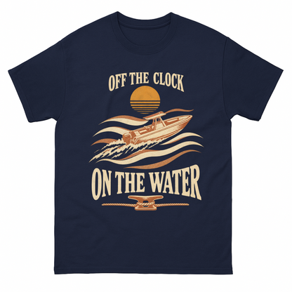 Navy vintage t-shirt with Off The Clock On The Water printed front design