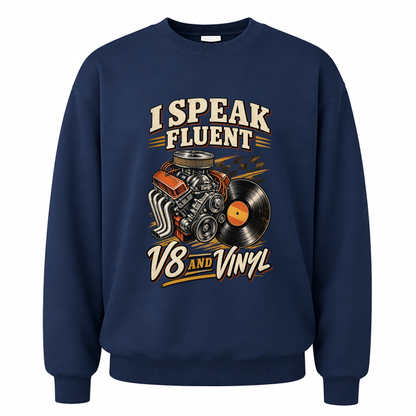 Navy vintage sweatshirt with 32 v8 and vinyl ideogram 4x printed front design