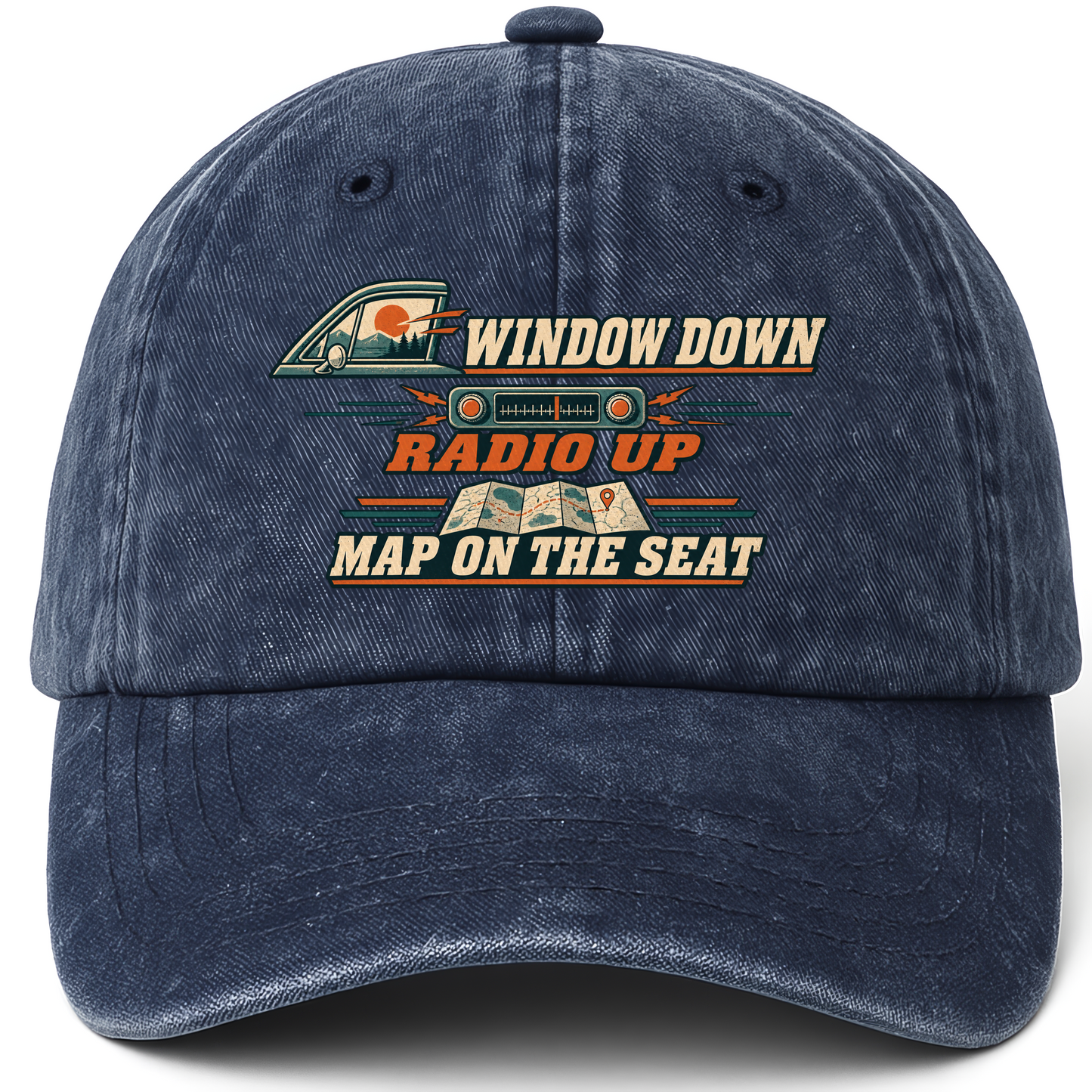 Navy vintage washed cap with Window Down Radio Up. Map On The Seat printed front design