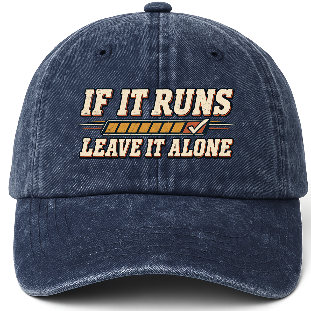 Navy vintage washed cap with If It Runs Leave It Alone printed front design