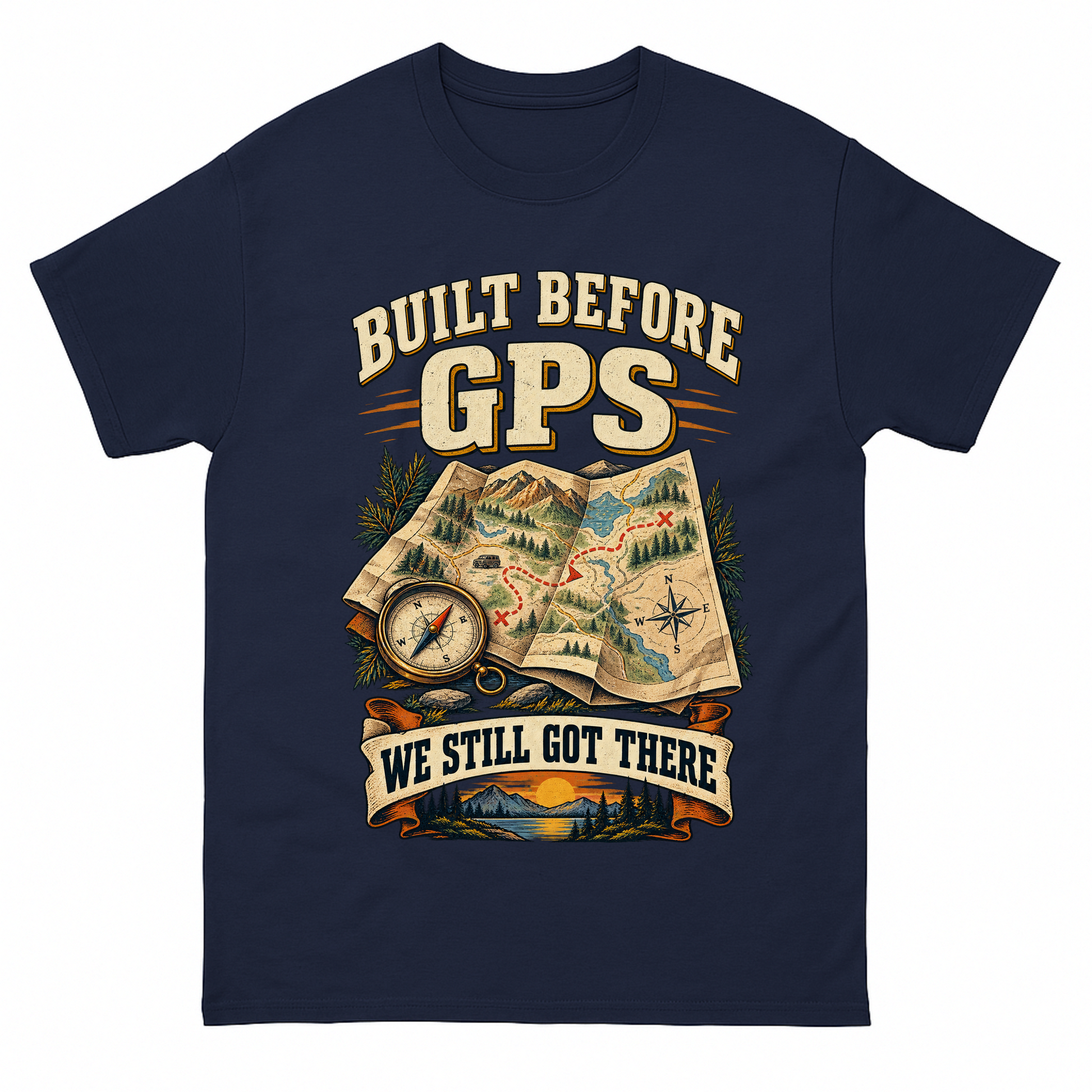 Navy vintage t-shirt with Built Before Gps We Still Got There printed front design