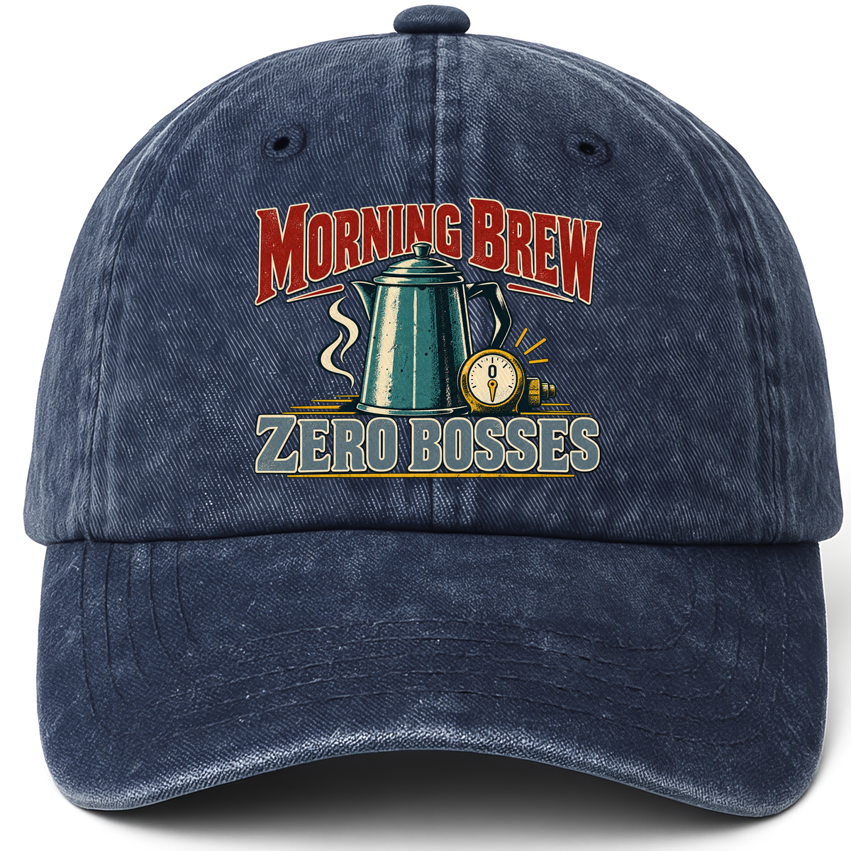 Navy vintage washed cap with Morning Brew. Zero Bosses printed front design