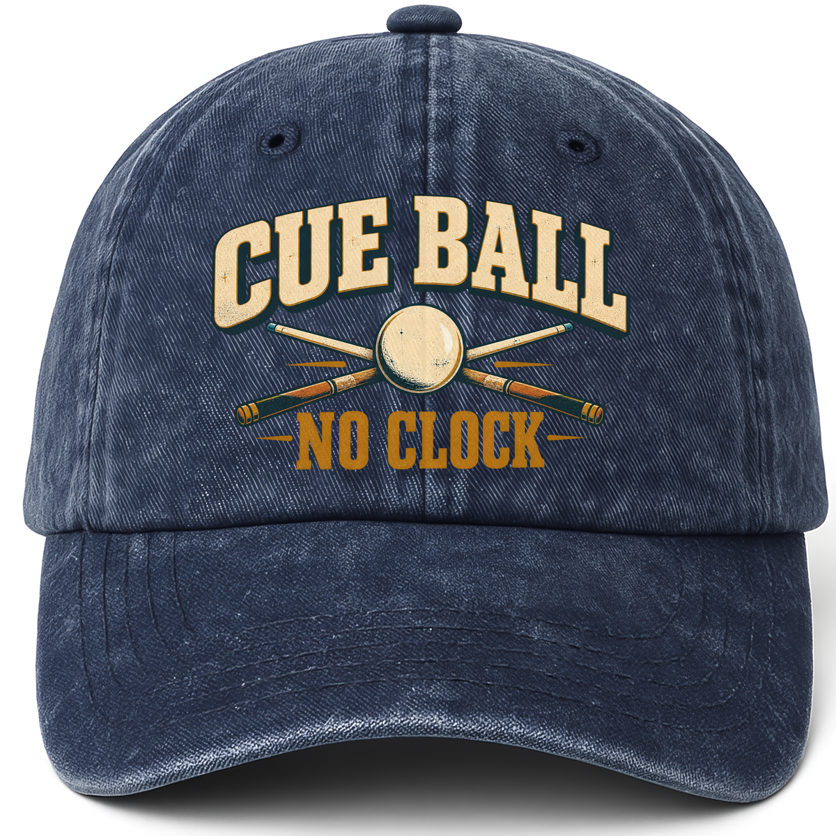 Navy vintage washed cap with Cue Ball No Clock printed front design