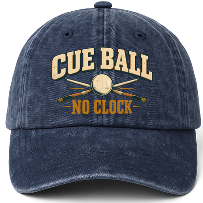 Navy vintage washed cap with Cue Ball No Clock printed front design