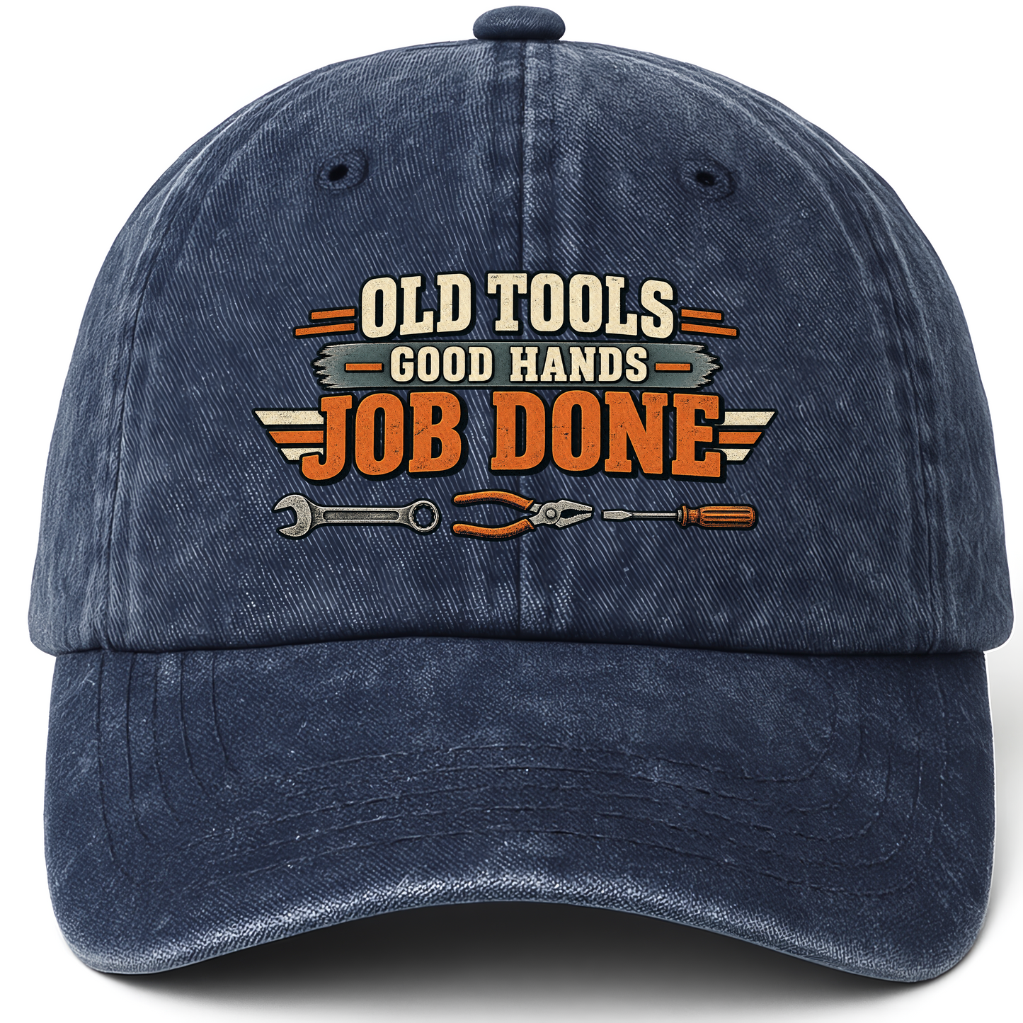 Navy vintage washed cap with Old Tools Good Hands Job Done printed front design