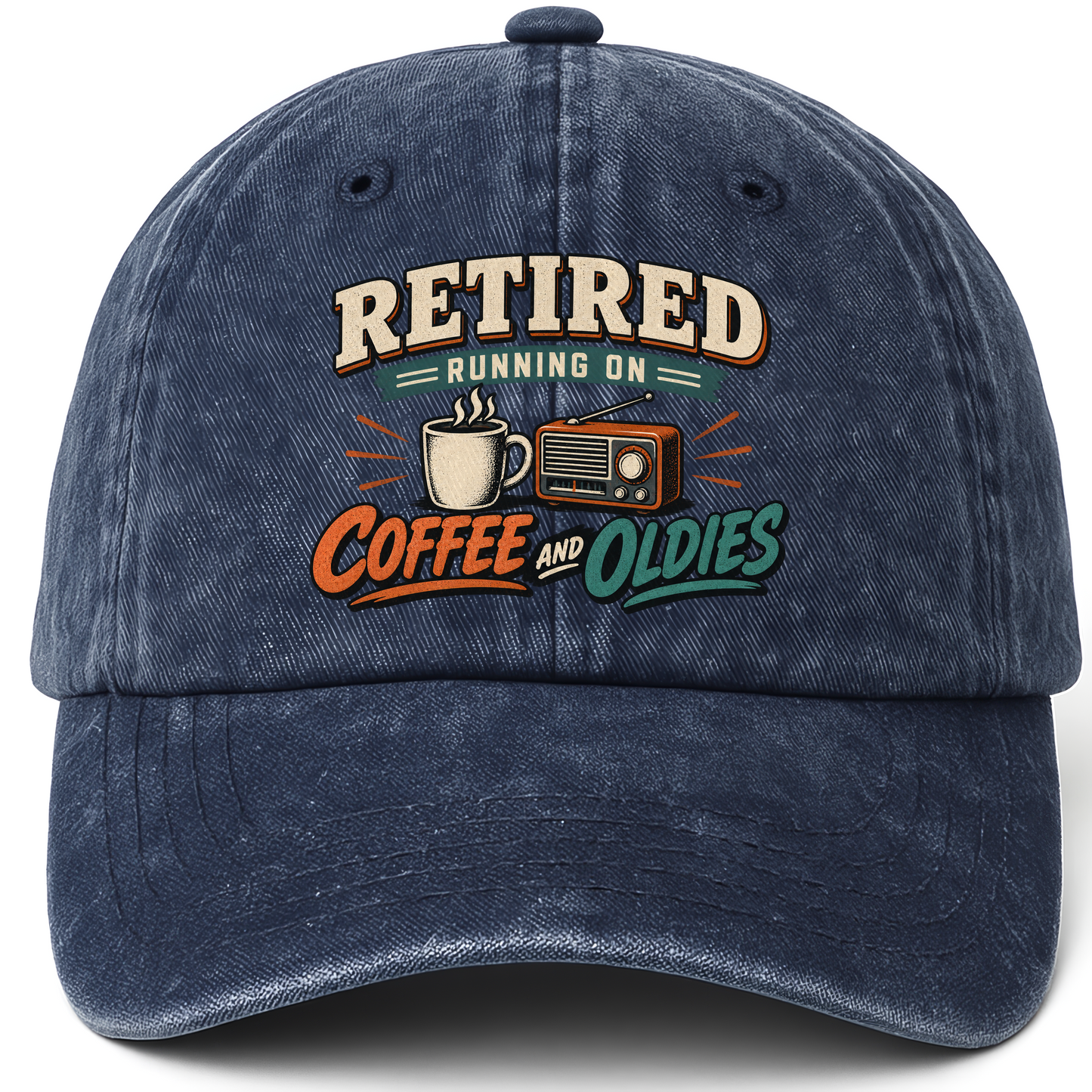 Navy vintage washed cap with Retired Running On Coffee And Oldies printed front design