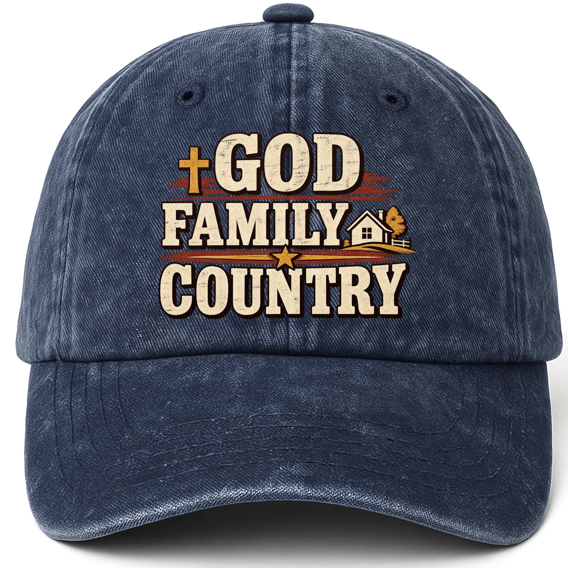 Navy vintage washed cap with God Family Country printed front design